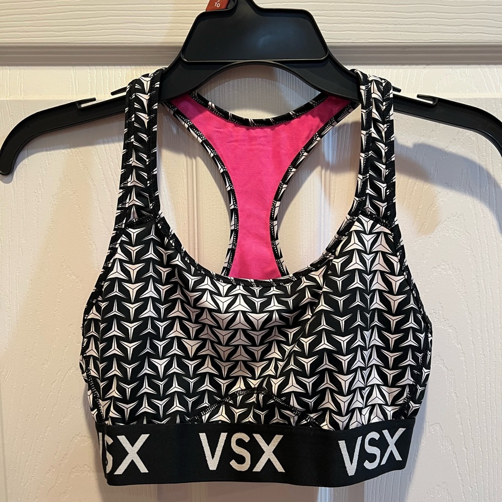 VSX Black and White Patterned Sports Bra with Pink Accent